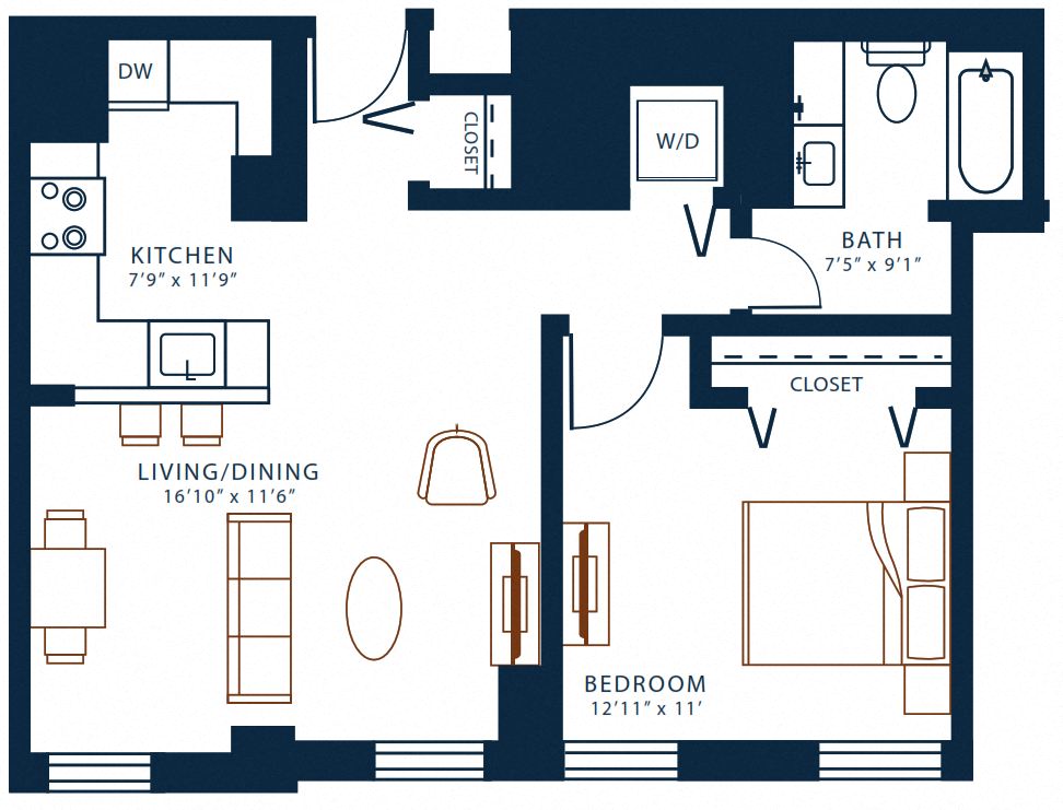 Floor plan for 1 bed, 1 bath, 747 sqft